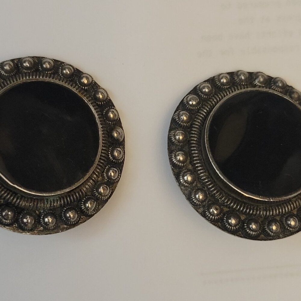 Vintage Silver Metal and Black Onyx Clip On Earrings